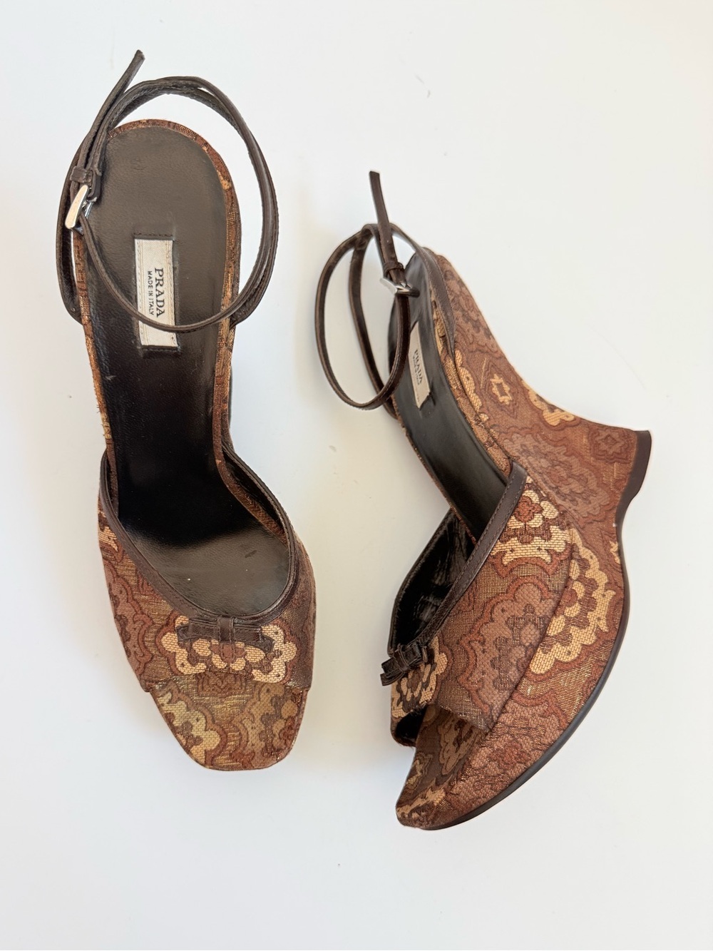Prada Y2K Brocade Tapestry Wedge Sandals Brown Gold Jacquard Platform Heels 38